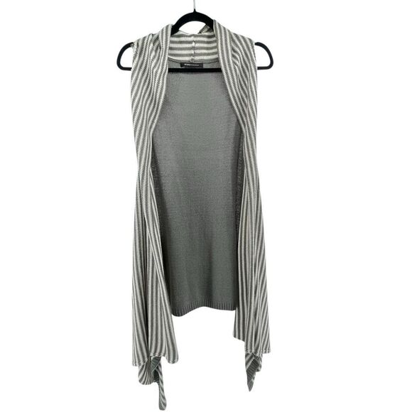 BCBGMaxazria Gray White Striped Sleeveless Open Front High Low Duster Cardigan - Picture 2 of 15